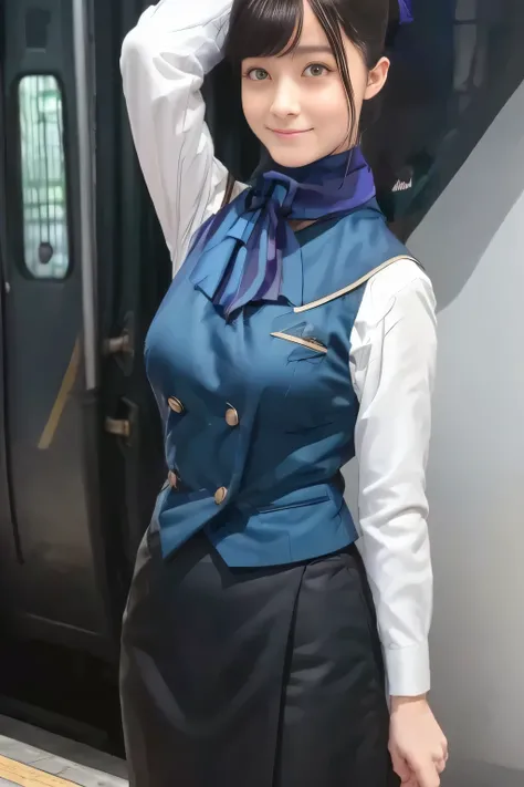 (masterpiece:1.2, Best Quality:1.2), 32kHDR,  kampala, (Alone、  1 girl)、（What is 、 Professional Lighting）、In-flight background、（Nankai Train crew uniformを着たリアルなスタイル）、（（  Nankai Train Crew Uniform Collarless Blouse Long Sleeve 、 Black Curled Culottes Skirt ...