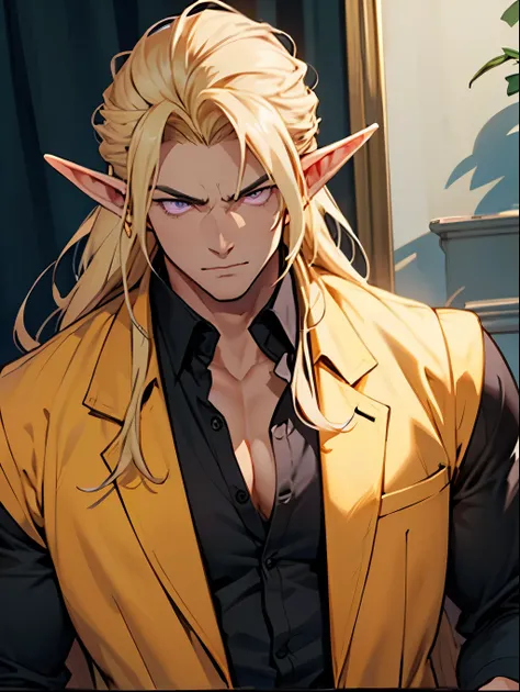 Handsome male. Blonde hair. Long hair. Elf ears. Royal attire. Arrogant expression. Bara. 9 ft tall. Purple eyes. Black shirt. Jacket. Mischievous. Muscular body. Silky hair.