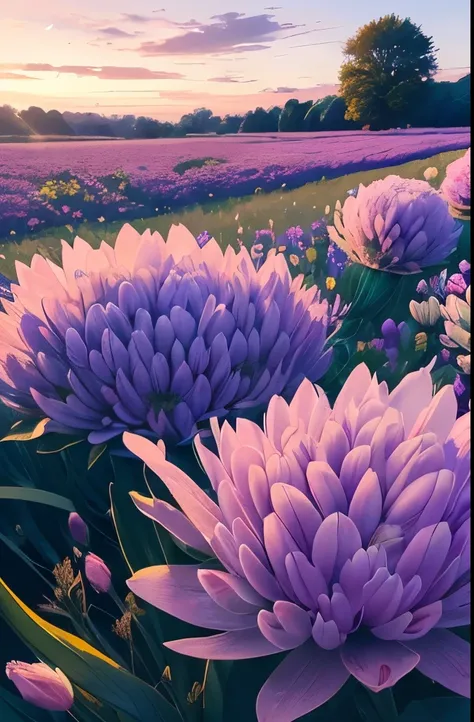 purple flowers in a garden with a blue sky and clouds, flowers with very long petals, pink grass, with soft bushes, purple feathers, beautiful image, fleurfurr, pale pink grass, feathery fluff, cotton candy bushes, purple flowers, unusual, soft and fluffy,...