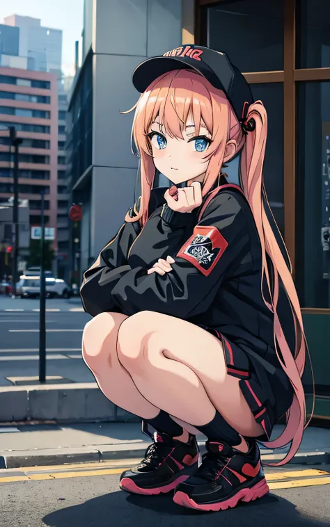 anime girl wearing streetwear, squatting