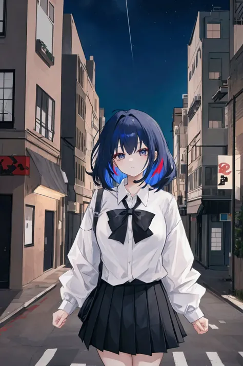 1 woman, Black_skirt, Blue_ hair , building, city, cityscape,  hair _between_eye, jacket, 찾고 있다_~to_viewer, medium_ hair , Looking for multi-colored _ hair ,  Looking for multiple _Boys, night, Close _ Shoulder, outdoors, ple~toed_skirt, road name, shirt, ...