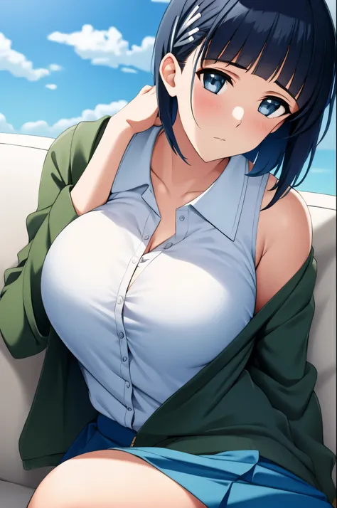  show me her armpits, sleeveless,(day:1.7),  sky background ,Blue sky and clouds,
Careful sitting , sitting on the sofa ,
  green skirt ,  open cardigan , Black Cardigan ,
His funeral,  short hair,  hair clips,
 1 girl, 20 years old, mature woman ,beautifu...