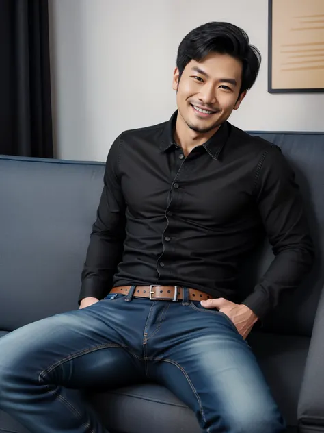 Age 30, One Man,、Muscular、     denim jacket､   Black Shirt   ､Slim jeans､    office ,sofa、、      Black Hair      、Very short perm。Asian Face　Stubble、There is a bulge in the crotch of my pants　Menacing look　Stubble　  smile、Black socks