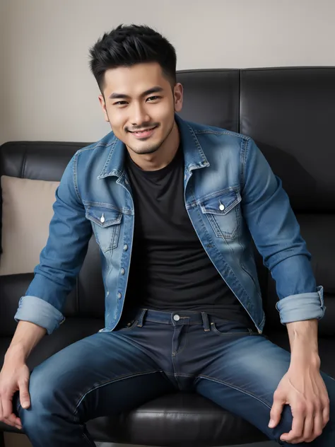 Age 25、, One Man,、Muscular、     denim jacket､   Black Shirt   ､Slim jeans､    office ,sofa、、      Black Hair      、Very short perm。Asian Face　Stubble、There is a bulge in the crotch of my pants　Menacing look　Stubble　  smile、Black socks