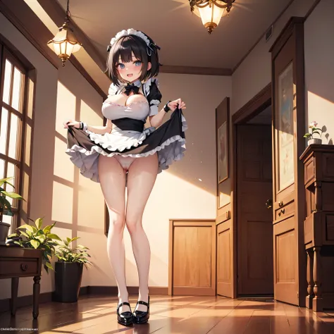 (solo), hallway in huge mansion, (1 little maid standing:1.3), (curtsey:1.3), (both hands lifting short skirt upward), BREAK, (very short maid dress:1.3), (too short skirt:1.5), thigh gap, BREAK, very short torso, narrow skinny waist, (long skinny legs), (...