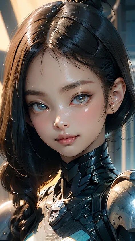 a cyborgwoman,solo,masterpiece,best quality,highres,Extreme detaildelicate face, Extreme detaildelicate eyes,(face alignment),fair complexion,Exquisite hairstyle,light-colored lips,A charming smile.Strong sense of detail and layer,rich and gorgeous color,w...