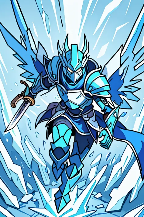  Draw an ice knight with a somewhat draconic appearance,  in the color light blue and white , holding a katana, crystal blue wings , flying,  powers in the color blue emanating .