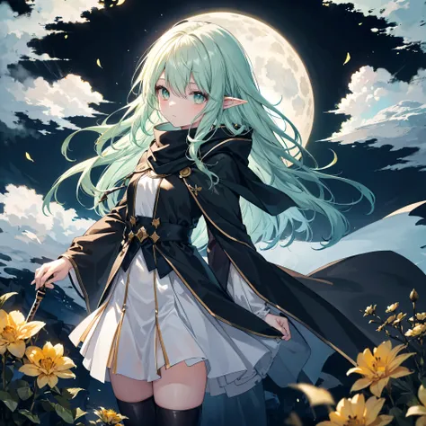      high quality, masterpiece,  Delicate hair  ,   DELICATE EYES FULL OF DECISION ,  Delicate hair  , ((masterpiece, 最     high quality)),      high quality, masterpiece,  Delicate hair  ,   girl  ,( Light green hair)),((gold eyes)), Daikon,Long Hair,Elf ...