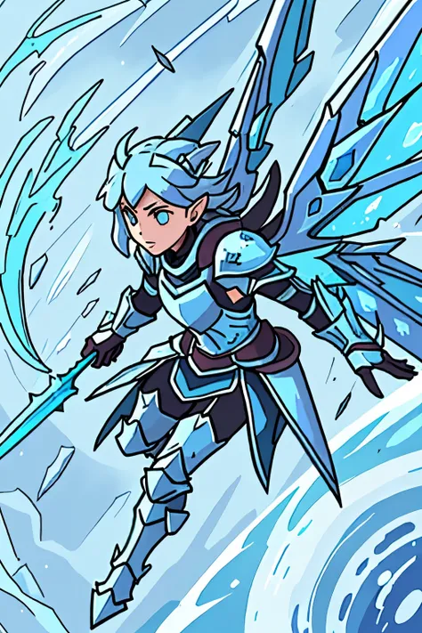  Draw an ice knight with a draconic appearance, white and blue armor , with wings.  Flying shooting off blue spherical energies .