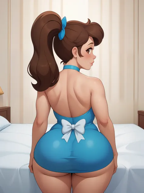 princess marco. brown eyes, brown hair, ponytail. small saggy breasts. huge hips. bbw. choker. bow. bed. mini dress. rear view