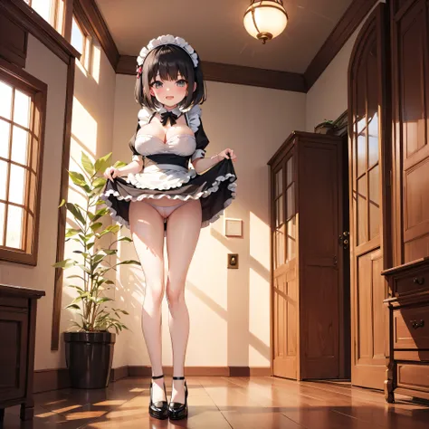 (solo), hallway in huge mansion, (1 little maid standing:1.3), (curtsey:1.3), (both hands lifting short skirt upward), BREAK, (very short maid dress:1.3), (too short skirt:1.5), thigh gap, BREAK, very short torso, narrow skinny waist, (long skinny legs), (...