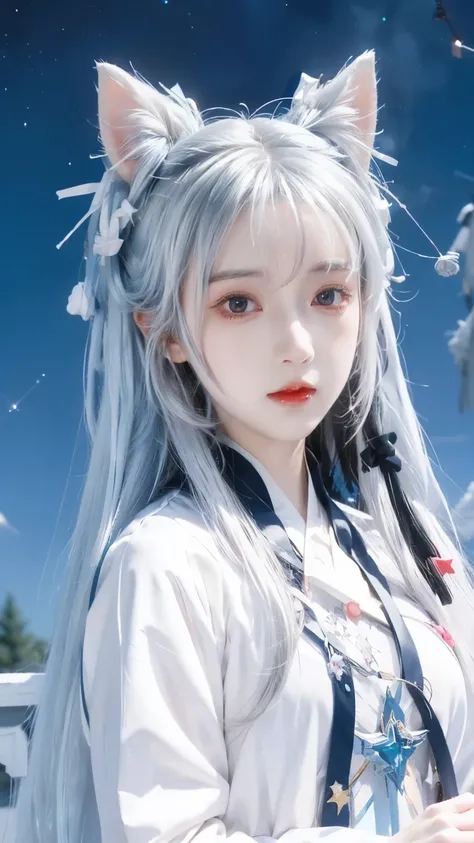 anime girl with long white hair and a Star in her hair, White-haired god, universe long hair anime girl , Star(Sky) Starry_Sky, cute girl anime vision , ink art anime ****, White glow, White hair girl, Ethereal Anime, akasuki voidStar, Tenrei , Night C...