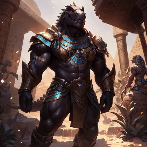 solo, male, humanoid, ultra details, T-Rex, ultra detailed muscles, black scales, white belly, standing up, black claws, red slit eyes, muscular, menacing, sexy, handsome, detailed slit eyes, ultra detailed teeth, pecs, hind legs, tail, (Masterpiece, by nu...