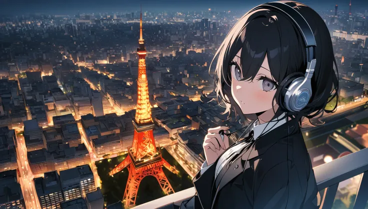 A woman looks at a large park in Tokyo city from a high-rise building,Streetscape、 Listening to Music with Headphones 、 Japanese、 Tokyo tower 、Cute Black Butler: Public School Arc