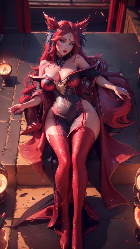 ahri, Tout le corps,porter des vêtements sexy((((single person, single girl)))), photo parfaite du corps du sein)), very detailed face, well-defined facial details, detailed facial lighting, ((red flames)), ((((8k Ultra HD)))), red theme color scheme, ((((...