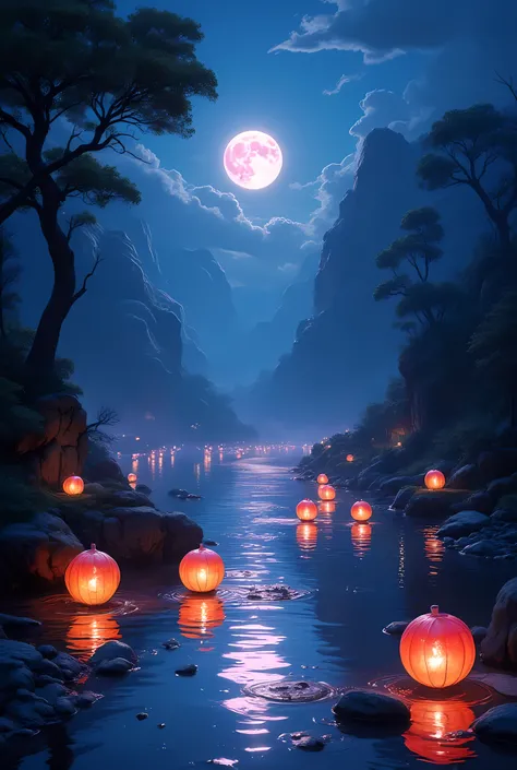 there is a river in the night there are floating lanterns, lanterns in many colors,  in its water, the moon is in the sky, reflected in the river 