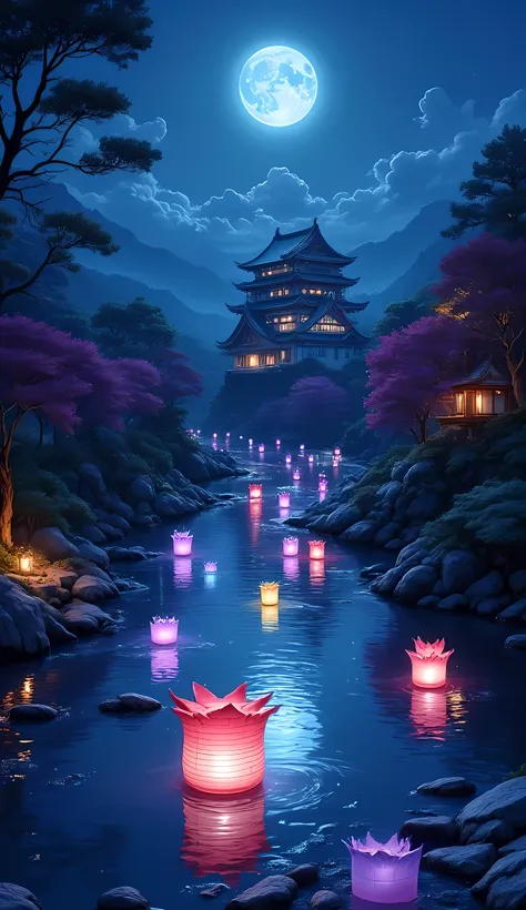 there is a river in the night there are floating lanterns, lanterns in many colors,  in its water, the moon is in the sky, reflected in the river, there is  Japanese castle near the river, hyp3rd3tail style,