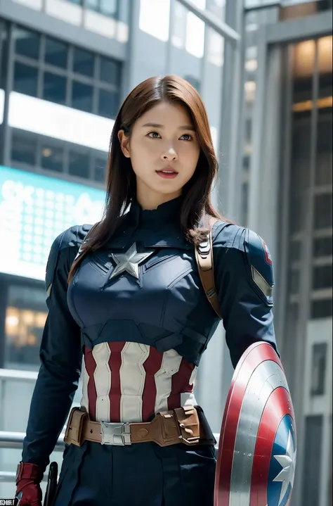 masterpiece,  1 girl, beautiful woman、marvel's captain america , delicate and delicate features,  american dream ,  holding a ro...