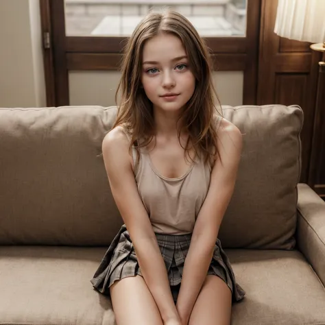 (full body photoss),the  (exceptionally cute baby face) mckenzie foy sits patiently on the worn sofa, her ((dark tank top and pl...