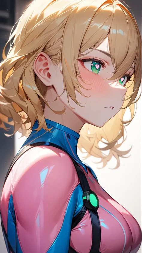  1 girl, Samus Alan,Alone,green eyes, blonde hair,Zero Suit,pink bodysuit,,Heart-shaped pupil,Heart shaped eyes,science fiction,Super detailed, sharp concentration,Midea,(Best Quality)