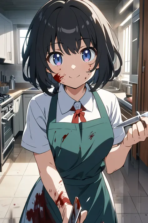 an anime style girl standing in a kitchen holding two knives in her hands,wearing  apron over school uniform,short hair,black hair,smile,,looking at viewer,blood on her face and her apron,