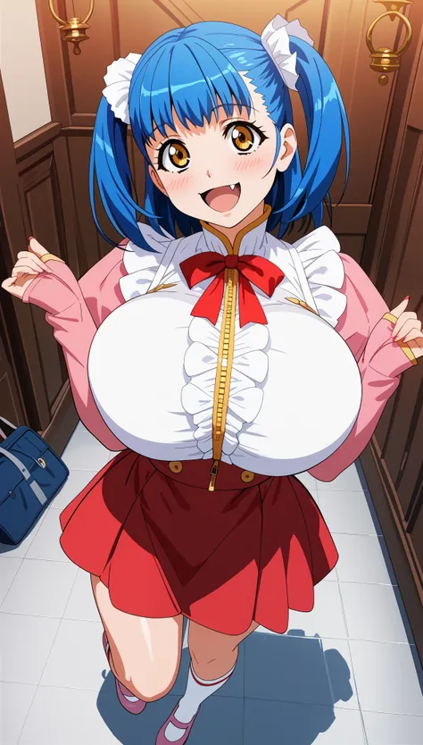 (tuile(gravion),huge breasts,blue hair,yerrow eyes,twintail,two side up),(tuck out shirt,white shirt,red waist ribbon,gold zippe...