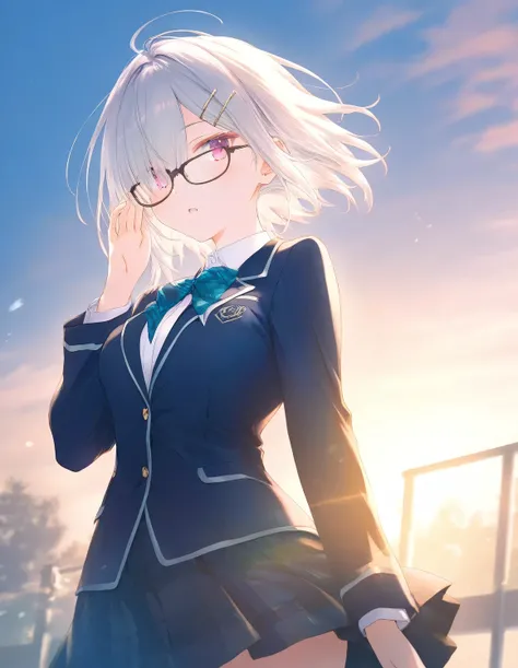 1girl, little female, school uniform, short hair, beautiful breasts, glasses, jitome, open mouth, outdoors,wind, game CG break,((artist:shida_kazuhiro)),(artist:mitsumi_misato),(artist:fujiyama),,(masterpiece), (best quality), (ultra-detailed), very aesthe...