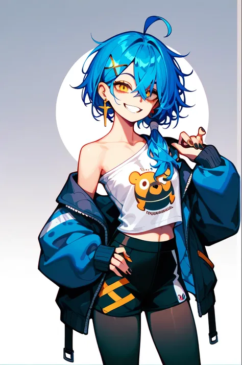 High image quality
 1 girl ,  Golden Eyes ,   Blue Hair、Shortcut with the tips of the bristles sticking outward,   low ponytail in tights、  Earrings for One Woman ,  Ahoge,   asymmetrical bang ,  x-shaped hair ornament,  black shorts with a sweater showing...