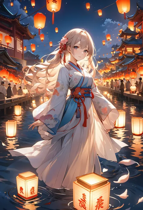 8k、Best image quality、Ultra-high resolution、Award-winning works)、Lantern Festival, Lots of lanterns floating in the river,  Delicate Facial Description, Delicate Hair Depiction 