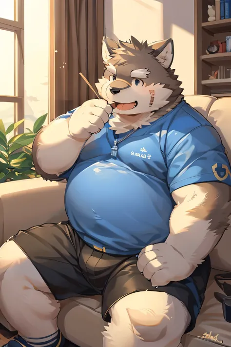 (Moritaka)( by Rusko :1.3),(by Mok_Nameko:1.2),( living room 、sofa),(by gammachaos:1.2),(by hyduyad14:1.2),(Author: ZIXiong:1.1),(by Takemoto Arashi ),(kemono:1.2),Fat,(chubby)Fat face,( cute t-shirt、 shorts)((Pocky on the mouth 、Suck Pocky))