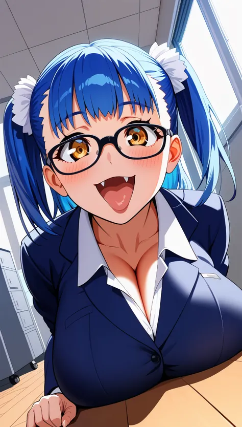 (Tuile(gravion),gigantic breasts,blue hair,yerrow eyes,twintail,two side up),official art,smile,blush,open mouth,fang,1girl, solo, slight smile, office lady, office room, indoors, professional light, dutch angle, gigantic breasts,bursting breasts,wear nerd...