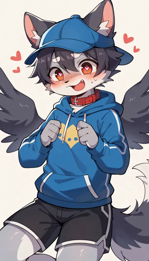  very detailedな, very detailed, gray fur ,12,boy, excited , heart eyes,participate,Red collar, cute face, fluffy fur ,Horny boy,Cheeky, blue hat,flying, blush nose , is embarrassing, ahe face,R18, black shorts , sweatshirt , Long Sleeve ,trend