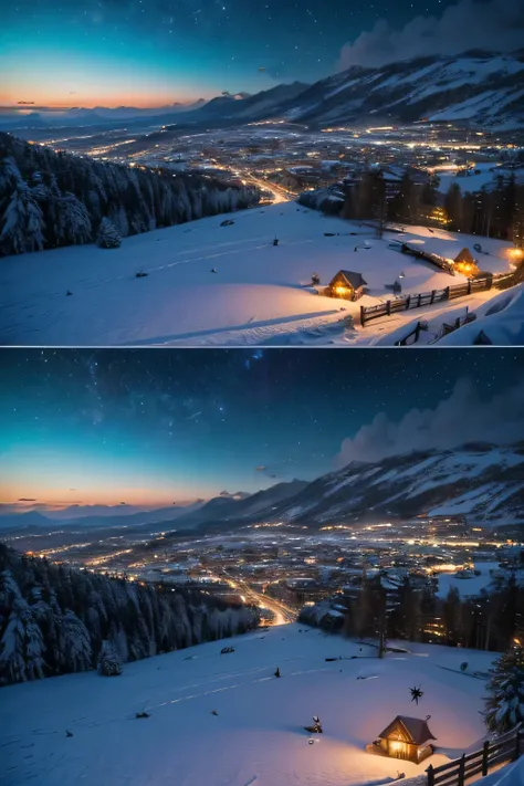  A montage of themed scenes : snow in mountains ,  a city covered by Christmas lights ,  a starry sky or dawn ,  and a tropical beach  ( to represent landscapes for all tastes).