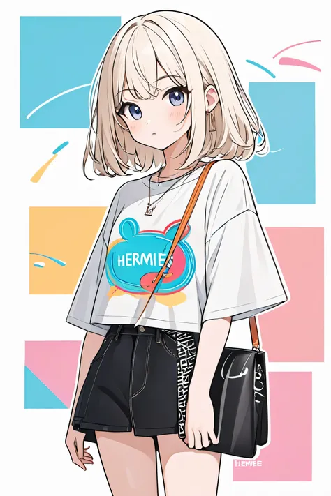 Ultra-realistic Hermes style, Simple line acronym abstract art, kawaii design,  stylish fashion, Cute chick