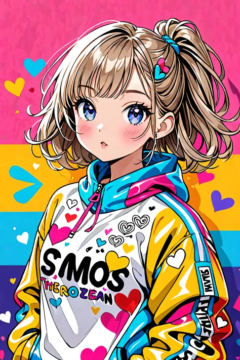  hyperrealism, Simple Line Acronym，Abstract art，Seizo Watase Style , ((( The most beautiful girl ever))),  Colorful hearts, sports Fashion, (((The background is a cute doodle))), (((Cute Protozoan))),  stylish design , 