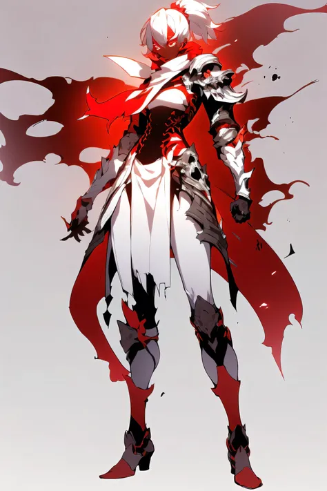 darkskin woman in fantasy clothes, white short hair in a ponytail, red eyes, Torn red scarf, white and black Armor, skull-shaped shoulder pad, skull Knee Pads, aura (red), angry, rage mode, full body view, perfect Anatomy, intricate pencil sketch, expressi...