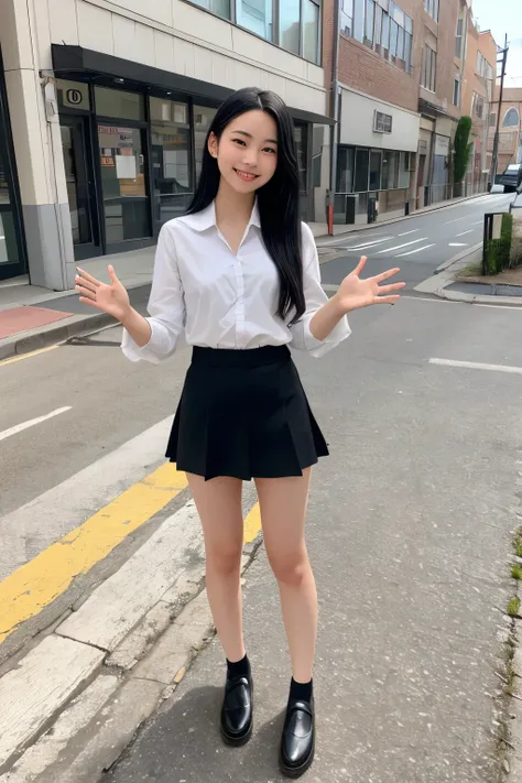 Female high school student standing in an empty city、One person、Long black hair、uniform、 miniskirt、Idol、 cute face、 and smiles 、 Loafers、 spreading her hands to the sides 、Full-body front view