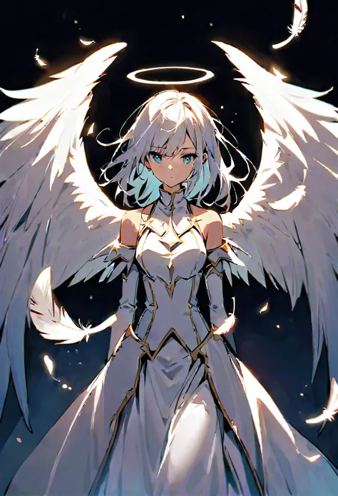  1 girl angel angel _wings armor feathers_Long wing feathers_Hair Shoulders Armor Shoulders_Single piece of armor_ Only the upper part of the wing is left  _The body is white_Theme White_Wings Wings