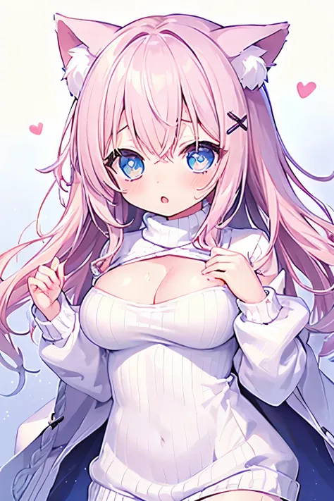 nsfw, virgin killer sweater, (sweater dress:1.2), ribbed sweater,sideboob, Cleavage Cut Out, turtleneck sweater,(white sweater:1.3), crop top　Navy,  light pink hair  ,Very beautiful and Sparkling Eyes、Sparkling Eyes、  1 girl、  big breasts at the temple、cat...