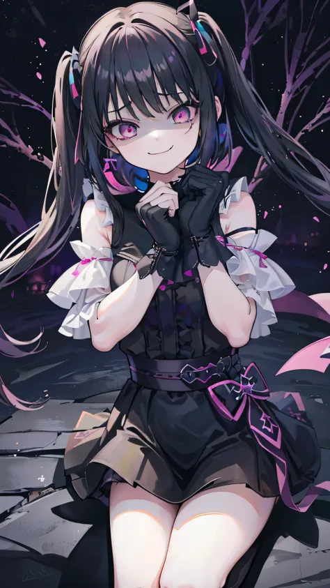 (8k、 Highest quality 、Best Quality、masterpiece)、 detail face 、 1 girl、 Black Hair 、Long Hair、 twin tails、 short bang 、Pink Eyes、evil smile 、((Green))、 earrings for a woman alone、、(( off-shoulder ))、(( Black Mini Skirt ))、(( Pink Panties ))、 black leather...