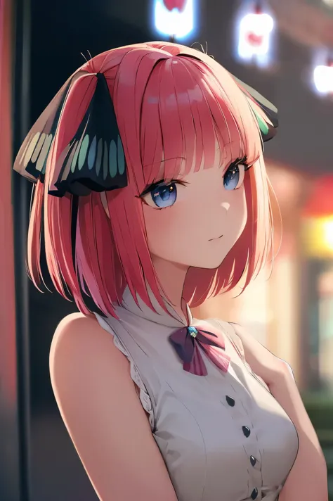 NSFW,masterpiece,Best Quality, Hi-Res, very detailed, Chinatown( Quintessential Quintessential Bride), short hair、bangs、 blue eyes、Hair accessories、 hair bow、 pink hair、鈍いbangs、 two side up、蝶のHair accessories, White Dress , sleeveless