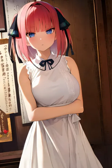 NSFW,masterpiece,Best Quality, Hi-Res, very detailed, Chinatown( Quintessential Quintessential Bride), short hair、bangs、 blue eyes、Hair accessories、 hair bow、 pink hair、鈍いbangs、 two side up、蝶のHair accessories, White Dress , sleeveless