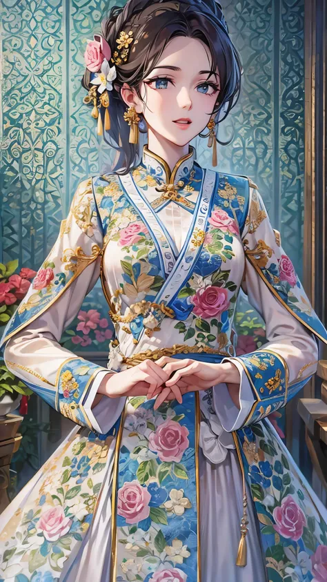 ((Best Quality)),( super high definition),(Super detailed),( detailed description ),(( best CG )),(masterpiece), Highly Detailed Art ,( Art with Precise Details:1.5), ( China dress on the background:1.7,Deep slit, Intricate Flower Pattern :1.3),Flower Hair...