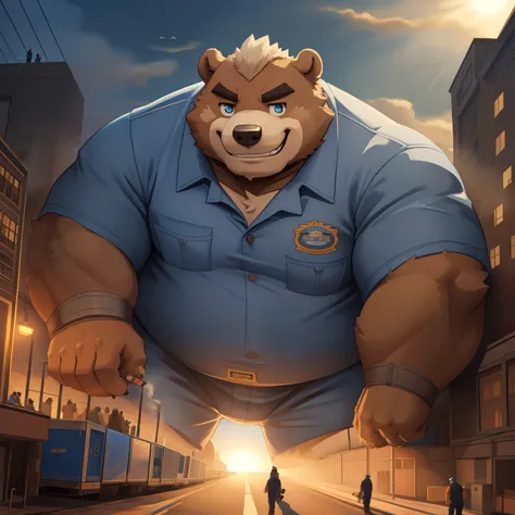 New Jersey 5 Pelzig， grizzly bear seam，Exquisit，portrait，pummelig，Fat，thick arms， Sturdy muscles ，Brown plush fur ， chubby ，  black eyebrows  ， sky blue eyes ，bart， by empty spirit ,  Break through the dark theme,sunlight,extern,factory,(smokes, chimney ),...