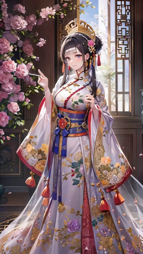 ((Best Quality)),( super high definition),(Super detailed),( detailed description ),(( best CG )),(masterpiece), Highly Detailed Art ,( Art with Precise Details:1.5), ( China dress on the background:1.7,Deep slit, Intricate Flower Pattern :1.3),Flower Hair...