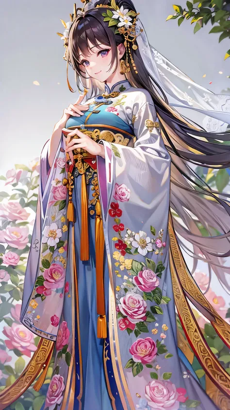 ((Best Quality)),( super high definition),(Super detailed),( detailed description ),(( best CG )),(masterpiece), Highly Detailed Art ,( Art with Precise Details:1.5), ( China dress on the background:1.7,Deep slit, Intricate Flower Pattern :1.3),Flower Hair...