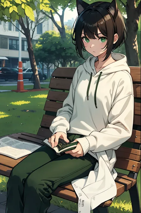 sitting on a park bench reading a book、 black short hair 、Green Eyes、 off-white long sleeve hoodie、dark green long pants 、Brown boots、The simple style of the green headphones 、Cat ears、Neutral high school student 