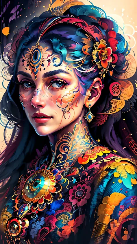 a potrait of beautiful woman face in psychedelic style art.