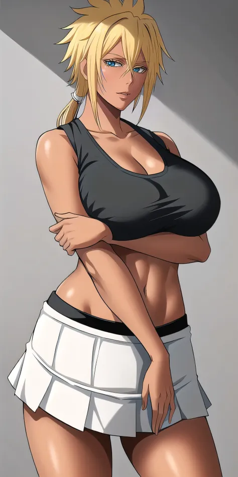 short skirt,blond pony tail,tier harribel from bleach,alone,human face , naughty pose,,short skirt, black tank top , black tank ...