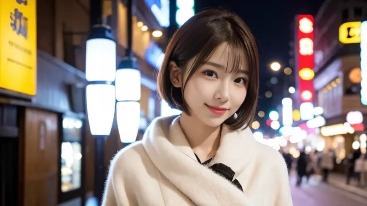  1 girl , look at the cute 21 year old Japanese 、 Movie Lighting,City lights at night,perfect anatomy,Slender body,smile,Super Detail Face、Pay attention to the details、double eyelid、Beautiful thin nose、 sharp concentration:1.2、Beautiful woman:1.4、( light b...